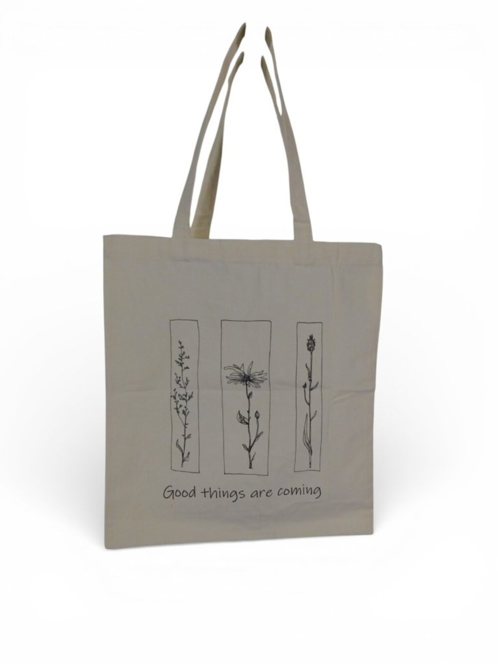 Floral Quote Tote Bag Womens Medium Beige Canvas Good Things Are Coming Eco